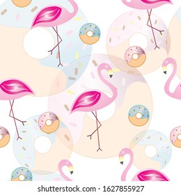 seamless pattern with flamingos and donuts vector