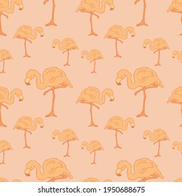 Seamless pattern. Flamingos. Doodle. Contour bird. Contour. Pink flamingo. Orange

