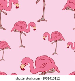 Seamless pattern. Flamingos. Doodle. Contour bird. Contour. Pink flamingo. Pink color