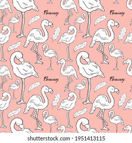 Patrón sin foco. Flamingos. Doodle. Pájaro de contorno. Contacto. Flamingo rosa. Palabras