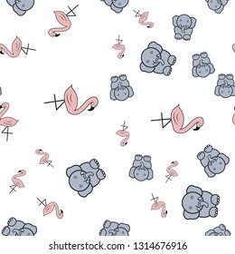 Seamless pattern from flamingos and elephants in in cartoon style. On white background, vector illustration.