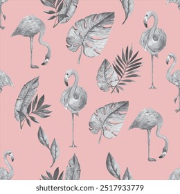 padrão sem emenda com Flamingos ou flamingos são um tipo de ave de asa na família Phoenicopteridae, Um grupo de flamingos é chamado de "flamboyance", cor-de-rosa vetor arte ilustração design