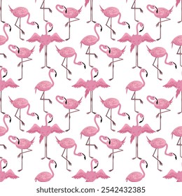 Un patrón sin fisuras con flamencos o flamencos es un tipo de ave zancuda en la familia Phoenicopteridae. Un grupo de flamencos se llama "flamboyance", diseño de ilustración de Arte vectorial rosa