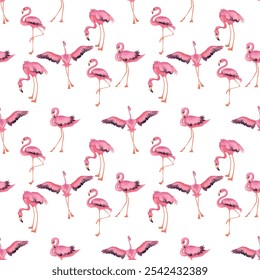 Un patrón sin fisuras con flamencos o flamencos es un tipo de ave zancuda en la familia Phoenicopteridae. Un grupo de flamencos se llama "flamboyance", diseño de ilustración de Arte vectorial rosa