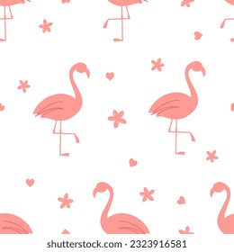 Seamless pattern with flamingos, flower and pink hearts on white background vector illustration. 