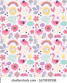 seamless pattern with flamingos and flowers