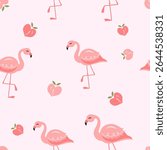 Seamless pattern with Flamingos and heart shape peach apricot fruit on pink background vector. Cute childish print.