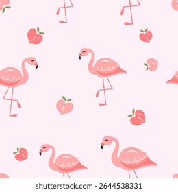 Seamless pattern with Flamingos and heart shape peach apricot fruit on pink background vector. Cute childish print.