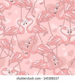 Seamless pattern of flamingos and hearts