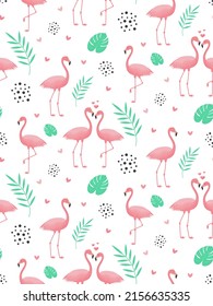 Seamless pattern with flamingos, hearts, dots, monsteras leaves and twigs. Cartoon vector illustration for prints, clothing, packaging and postcards.