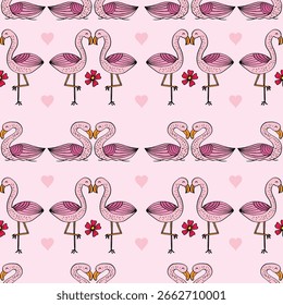 Nahtloses Muster mit Flamingos und Herzen. Vektorgrafik.