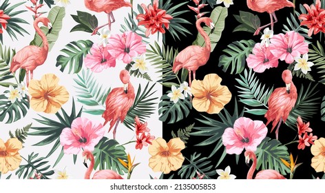 seamless pattern of flamingos and hibiscus flowers on black and white background