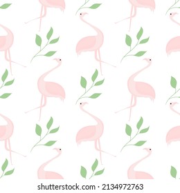 seamless pattern of flamingos and leaves on white background