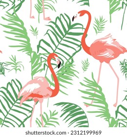 Seamless pattern with flamingos and leaves of the palm tree on the neutral background.