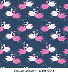Seamless pattern. Flamingos in love on water. Nursery background. Vector illustration. For wrapping paper, pajamas, cloth, fabric.