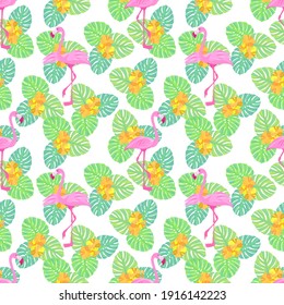 seamless pattern with flamingos and monstera flowers. tropical leaves and exotic birds. stock vector illustration for printing on packaging paper and textiles.