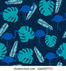 Seamless pattern of flamingos, monstera leaves . Vector.