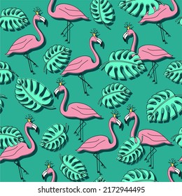Seamless pattern with flamingos and monstera leaves. Vector illustration