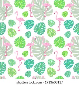 seamless pattern with flamingos and monstera. tropical leaves and exotic birds. stock vector illustration for printing on packaging paper and textiles.