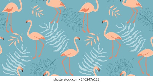 Seamless pattern with flamingos on a background of palm leaves. Delicate exotic animal print. Vector graphics.
