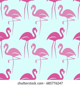 Seamless pattern of flamingos on a blue background. Vector illustration.