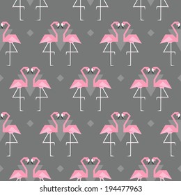 Seamless pattern with flamingos on grey background