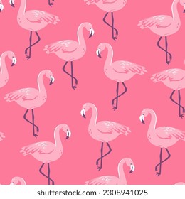Patrón sin foco con flamencos en un fondo rosado. Gráficos vectoriales.
