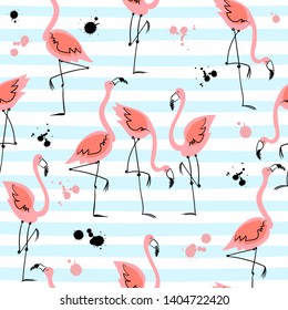 Seamless pattern with flamingos on striped background. Summer motifs. Vector.
