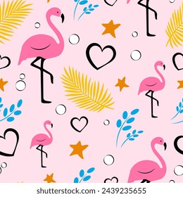  Seamless pattern with flamingos, palm branches, hearts and stars