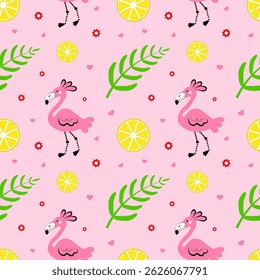 Seamless pattern with flamingos, palm leaves and lemons on a pink background