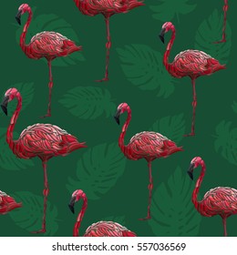 seamless pattern with flamingos and palm leaves