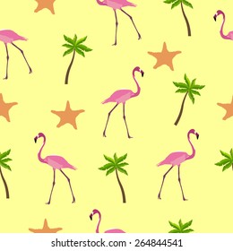 Seamless pattern flamingos, palm trees and starfish Valentine's Day, February, vector; 