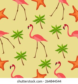 Seamless pattern flamingos, palm trees and starfish