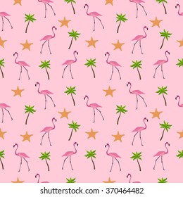 Seamless pattern flamingos, palm trees and starfish