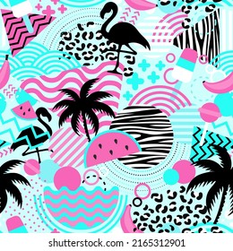 Patrón sin foco con flamencos y palmas. El paisaje de Hawai es de moda tropical. Diseño para tela, textil, papel envolvente