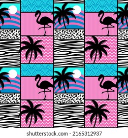 Nahtloses Muster mit Flamingos und Palmen. Exotischer hawaiianischer Hintergrund ist tropischer Trend. Design für Gewebe, Textilien, Packpapier