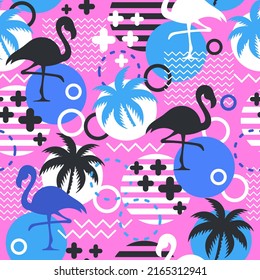 Patrón sin foco con flamencos y palmas. El paisaje de Hawai es de moda tropical. Diseño para tela, textil, papel envolvente
