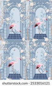 Seamless pattern with flamingos, peonies and alcove in chinoiserie style. Vector