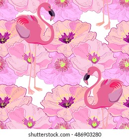 Seamless pattern with flamingos and peonies. Wallpaper, print, background. Vector.