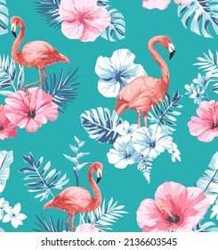 seamless pattern of flamingos and pink hibiscus flowers on green background