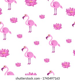 Seamless pattern with flamingos and pink lilies. Vector illustration with flamingos. Tropical pattern. Design of a summer gift. Flamingos on a white background. Spring print for clothing, shoes.