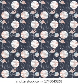 seamless pattern with flamingos and planets among the stars, vector