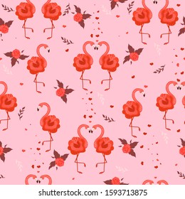 Seamless pattern with flamingos, roses and hearts. Vector graphics.