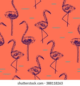 Seamless pattern with flamingos. Silhouettes of flamingos made an oil pastel. Vector image, all the elements are not crop off and hidden behind a mask.