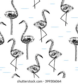 Seamless pattern with flamingos. Silhouettes of flamingos made an oil pastel. Vector image, all the elements are not crop off and hidden behind a mask.