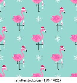 Seamless pattern with flamingos and snowflakes. Christmas background