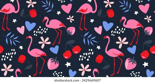 Seamless pattern with flamingos, summer fruits, hearts, flowers. Vector graphics.