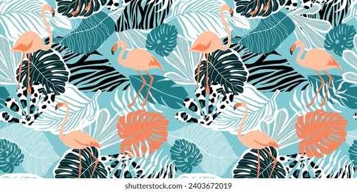 Seamless pattern with flamingos. Tropical exotic print with palm leaves, monstera, leopard spots. Vector graphics.