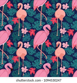 Seamless pattern of flamingos
 in tropical leaves