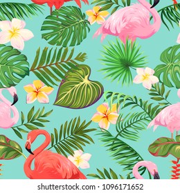 Seamless pattern with flamingos, tropical leaves and flowers